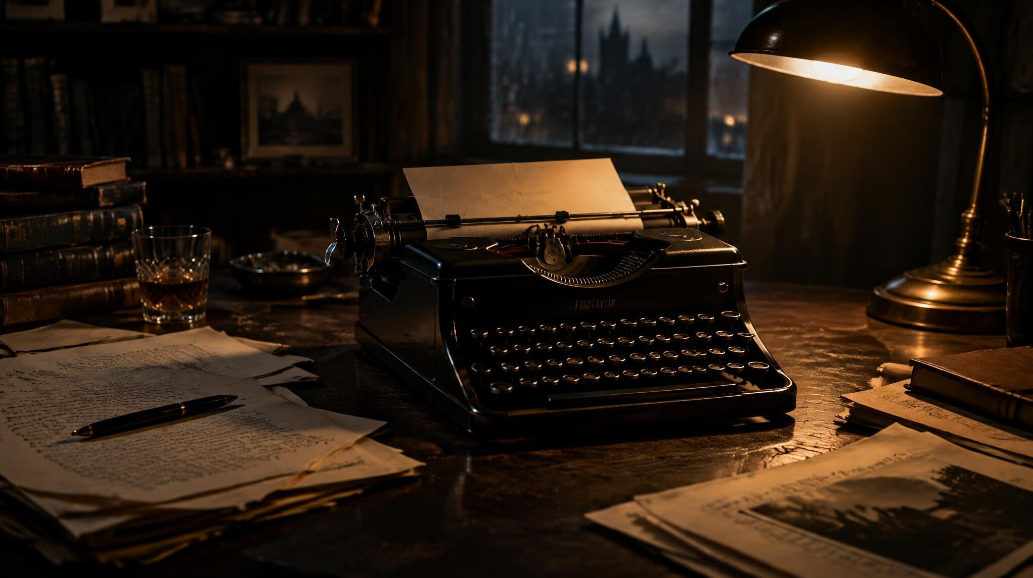 Vintage typewriter with manuscript pages on a wooden desk in dim light