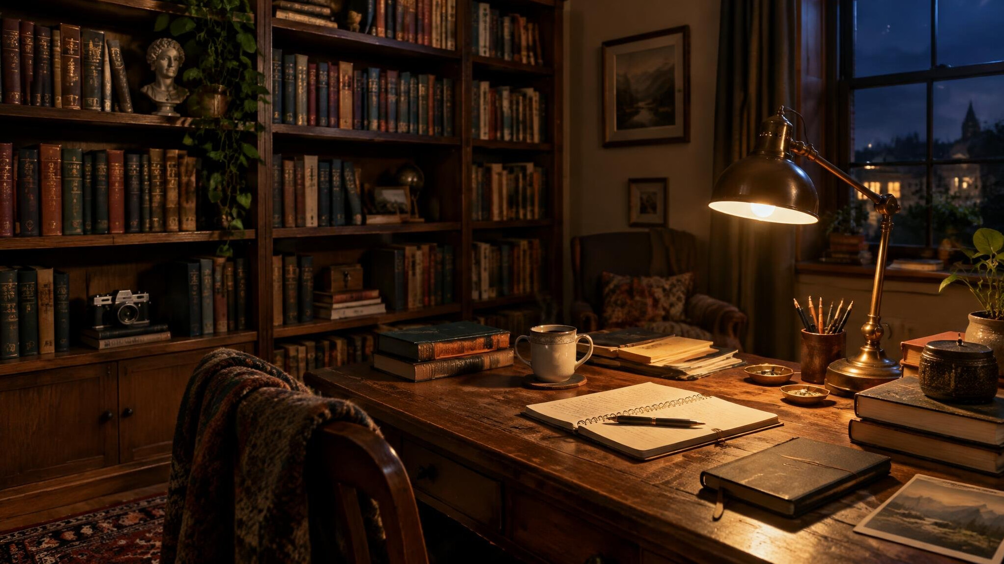 Writer's study with wooden bookshelves and a desk lamp