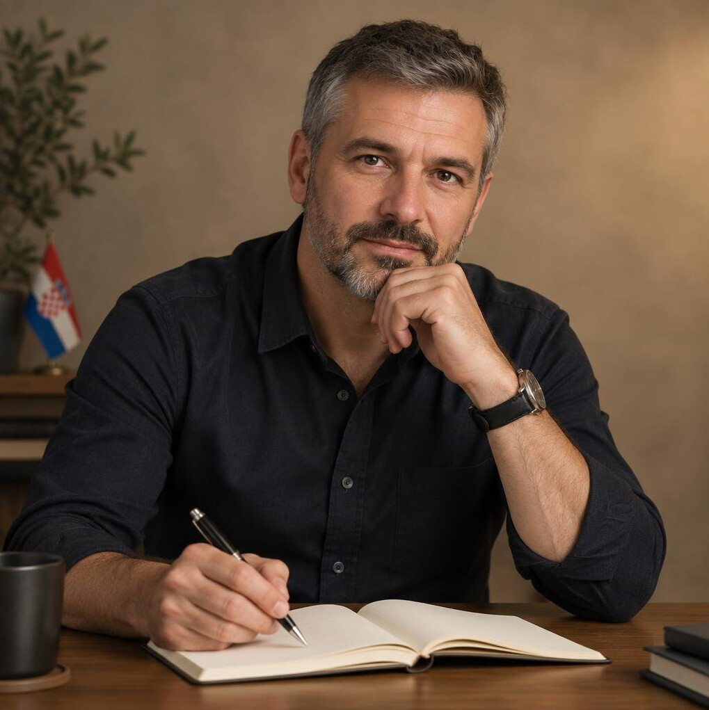 Studio portrait of a middle aged Croatian man with a beard writing in a notebook