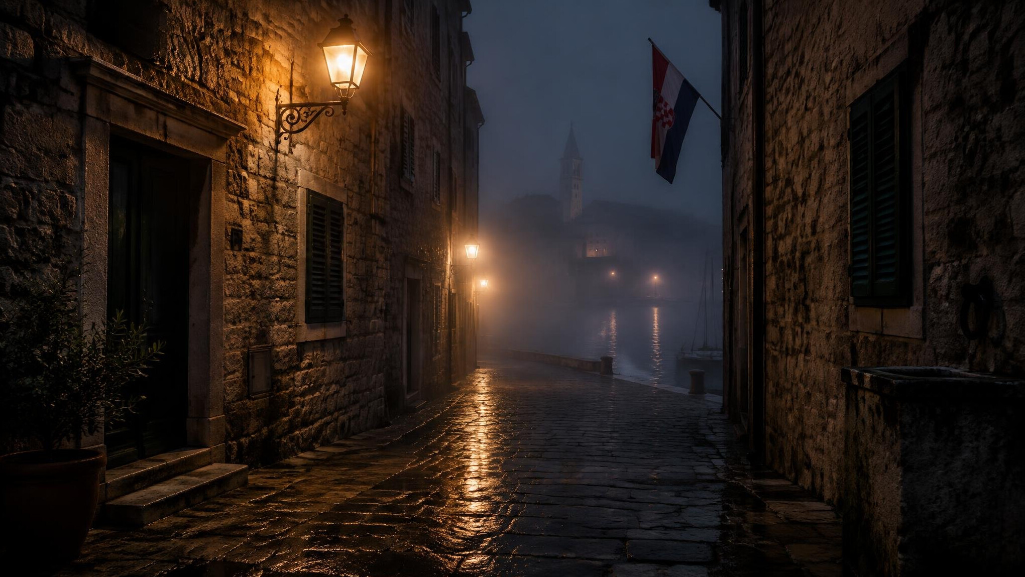 Foggy cobblestone alley in an old European town at night